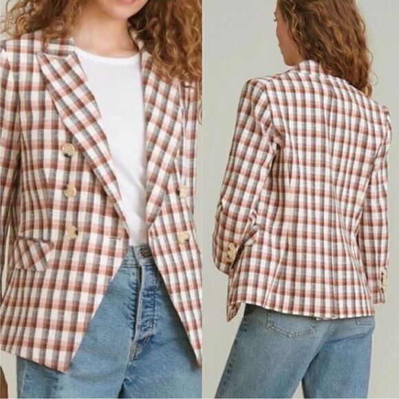 Joie Anilah Empire Double Breasted Brown Plaid Blazer NWT Sz S - Picture 2 of 7